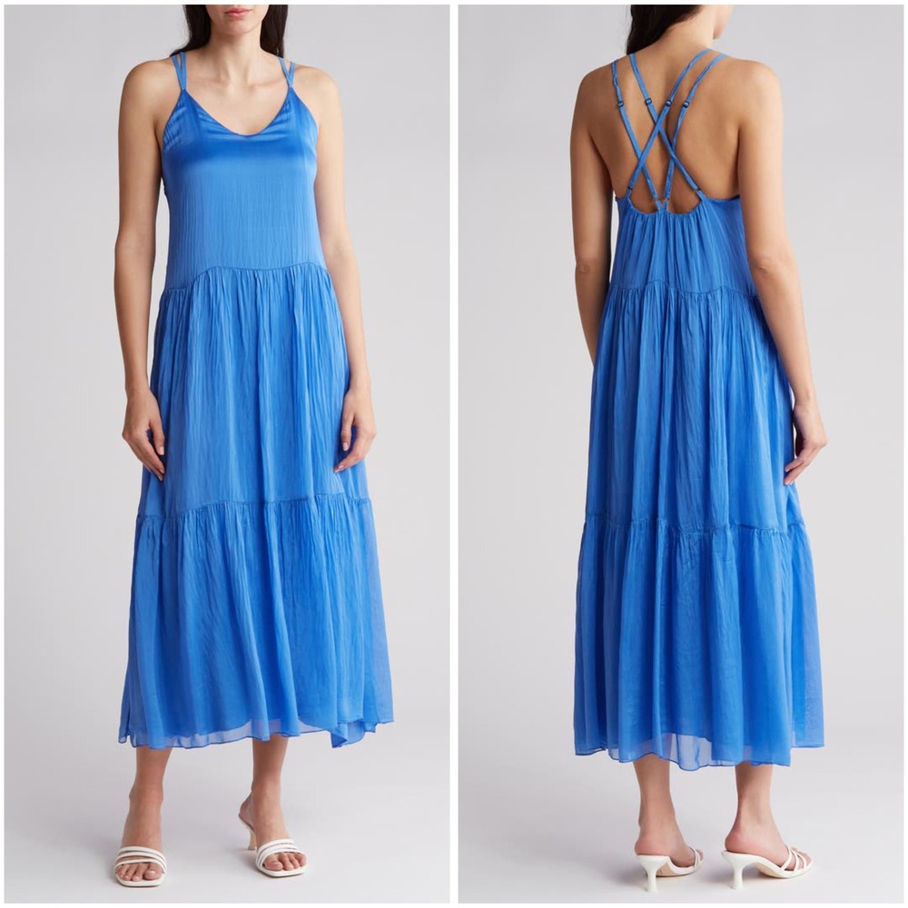French Paris Blue Silk Blend Crinkle‎ Tiered Maxi Dress Made in Italy Size L